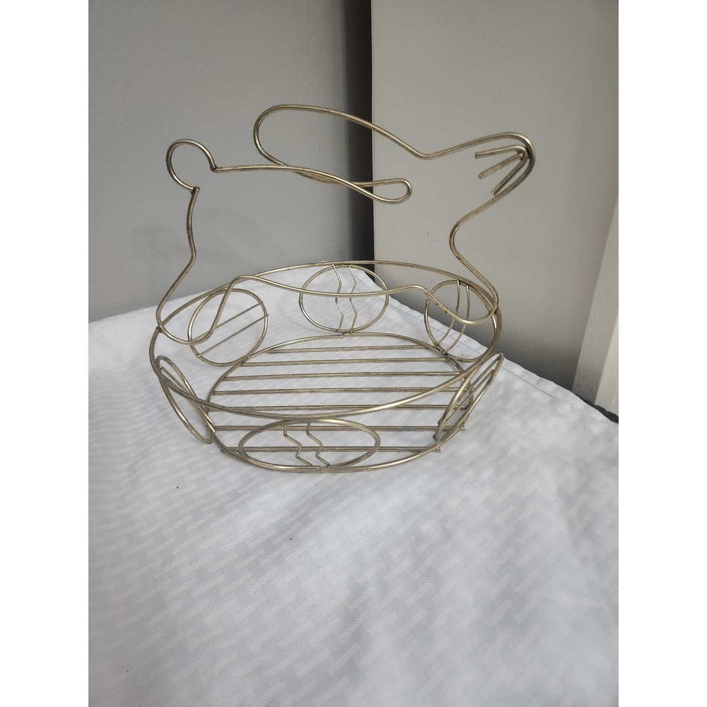 Vintage Wire Rabbit Easter Basket Metal Bunny Handle Fruit Egg Holder Gold Tone